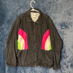 Vintage 1980s TRAXTON Black Green Pink Nylon Windbreaker Track Jacket Mens Large